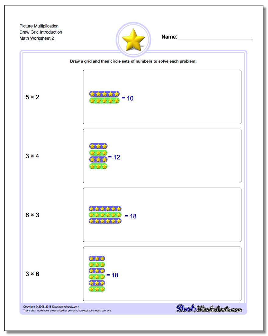 Picture Multiplication Worksheet Draw Grid Introduction www.dadsworksheets.com/worksheets/picture-math-multiplication.html
