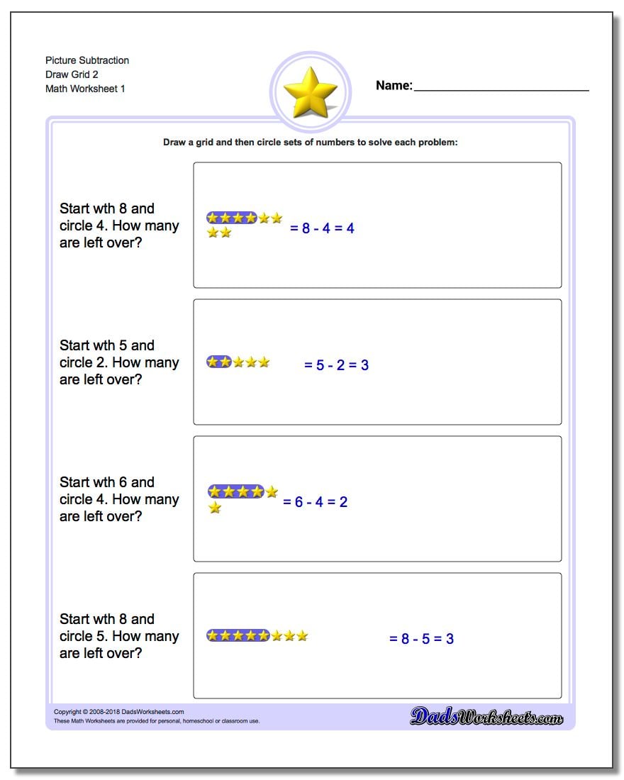Picture Math Subtraction Worksheet Draw Grid 2