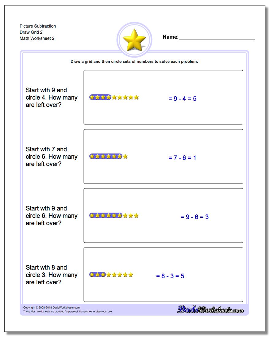Picture Subtraction Worksheet Draw Grid 2 www.dadsworksheets.com/worksheets/picture-math-subtraction.html