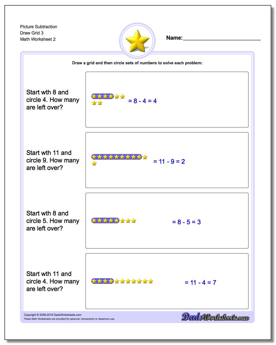 Picture Subtraction Worksheet Draw Grid 3 www.dadsworksheets.com/worksheets/picture-math-subtraction.html