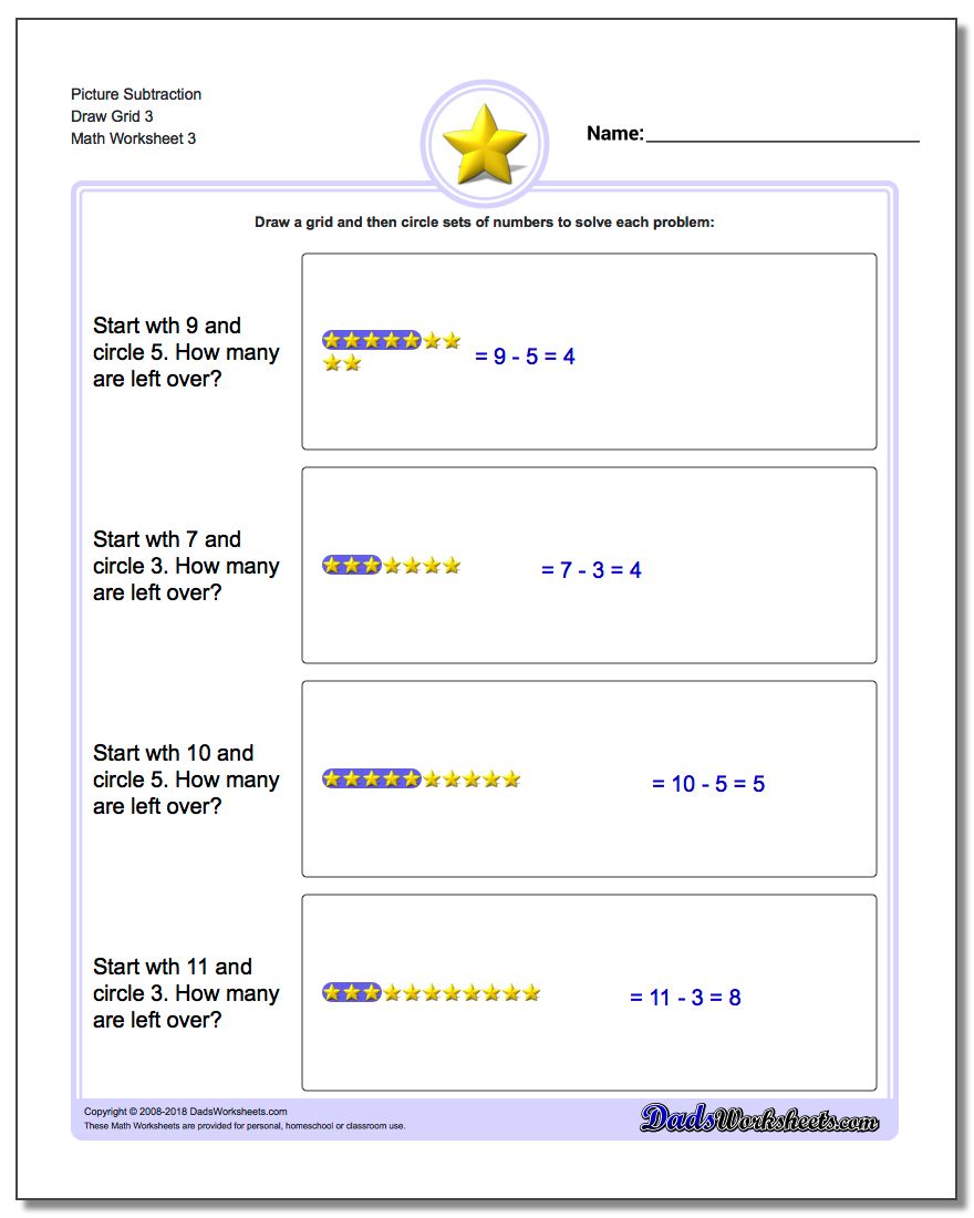 Picture Subtraction Worksheet Draw Grid 3