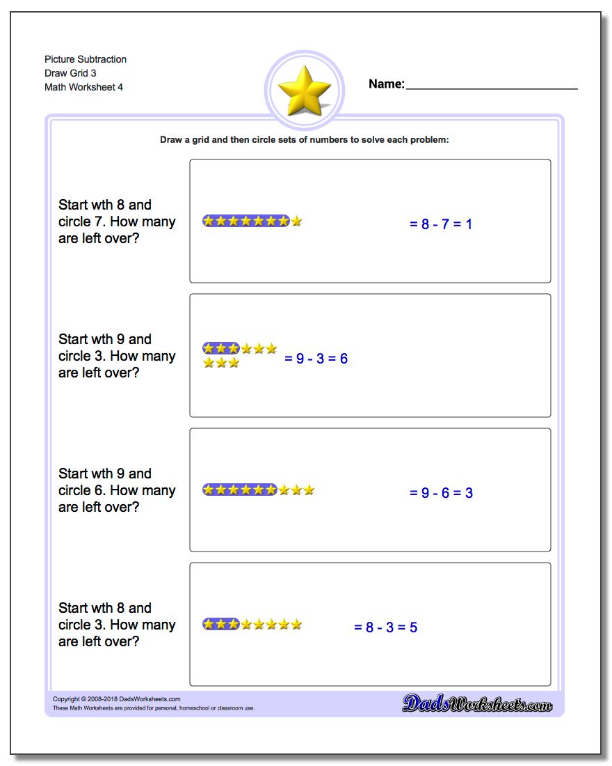 Picture Subtraction Worksheet Draw Grid 3