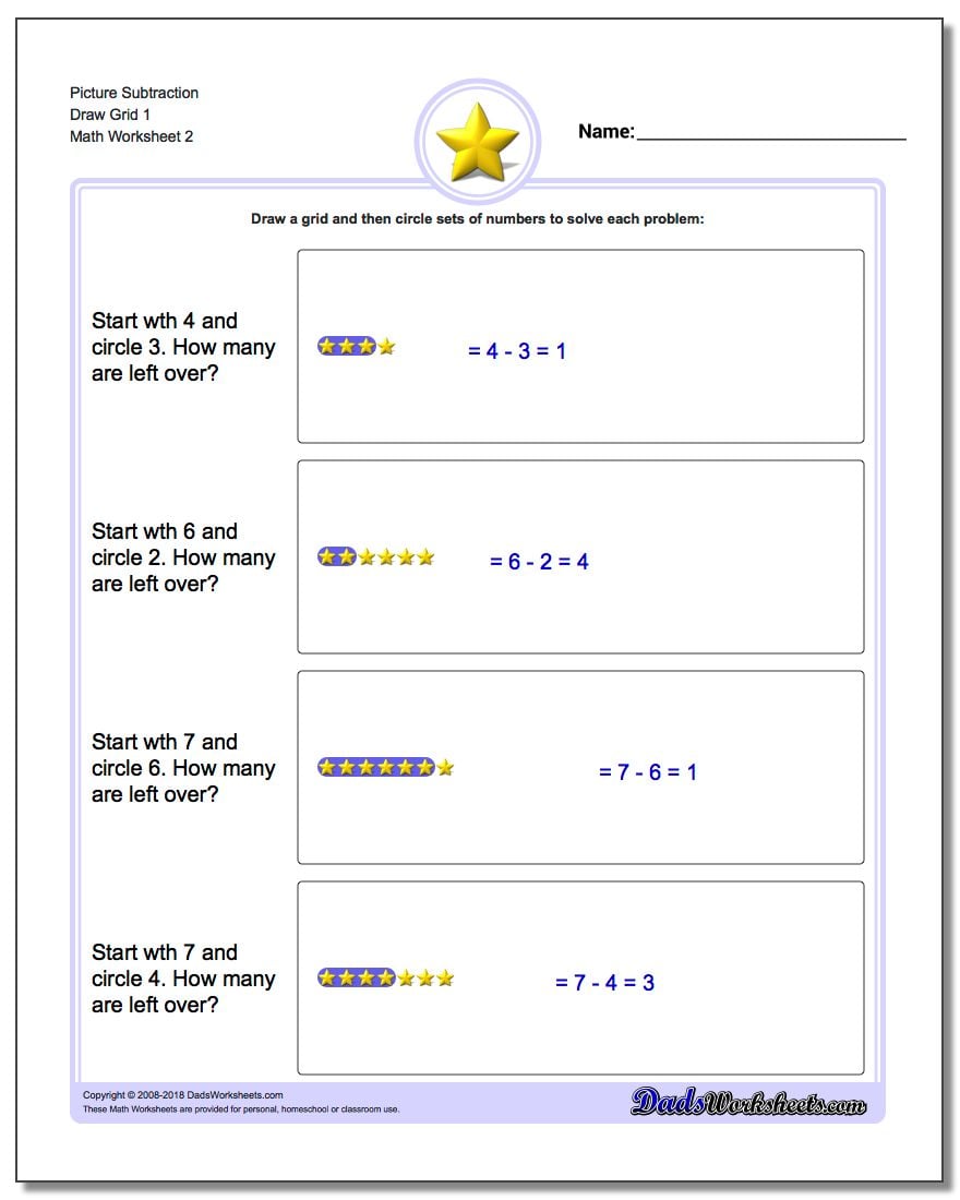Picture Subtraction Worksheet Draw Grid 1 www.dadsworksheets.com/worksheets/picture-math-subtraction.html
