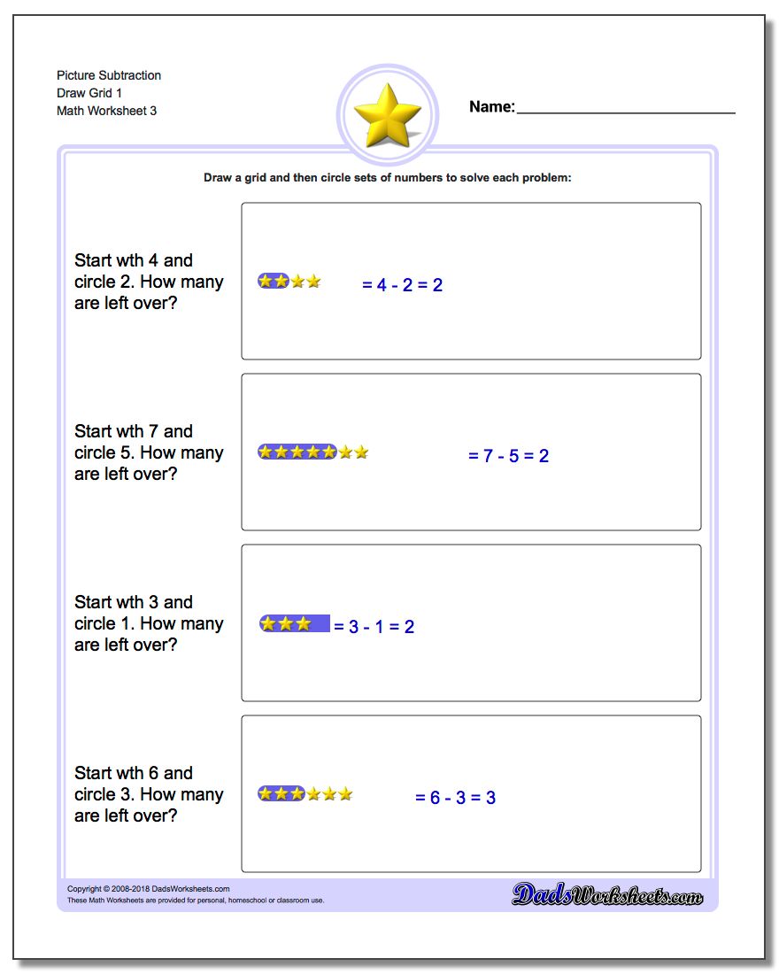 Picture Subtraction Worksheet Draw Grid 1