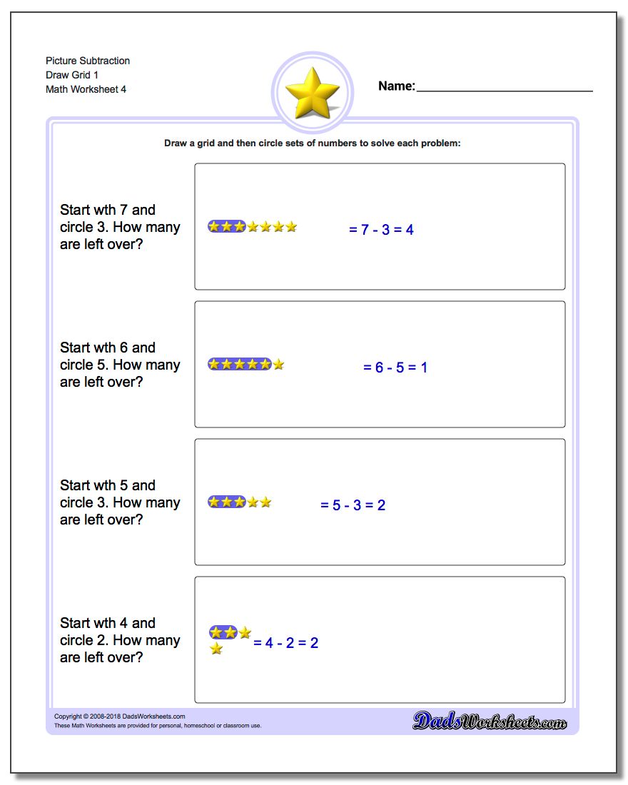 Picture Subtraction Worksheet Draw Grid 1