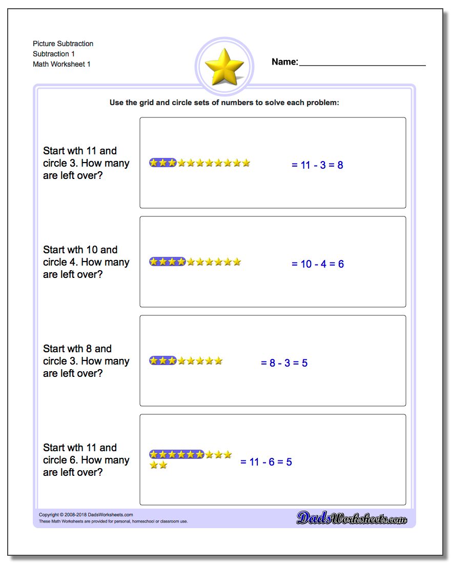 Picture Math Subtraction Worksheet 1
