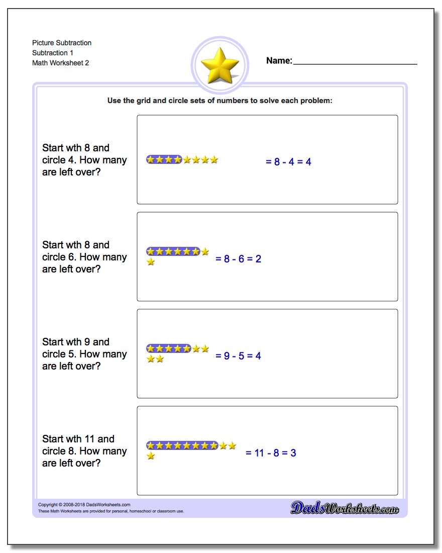 Picture Subtraction Worksheet Subtraction 1 www.dadsworksheets.com/worksheets/picture-math-subtraction.html
