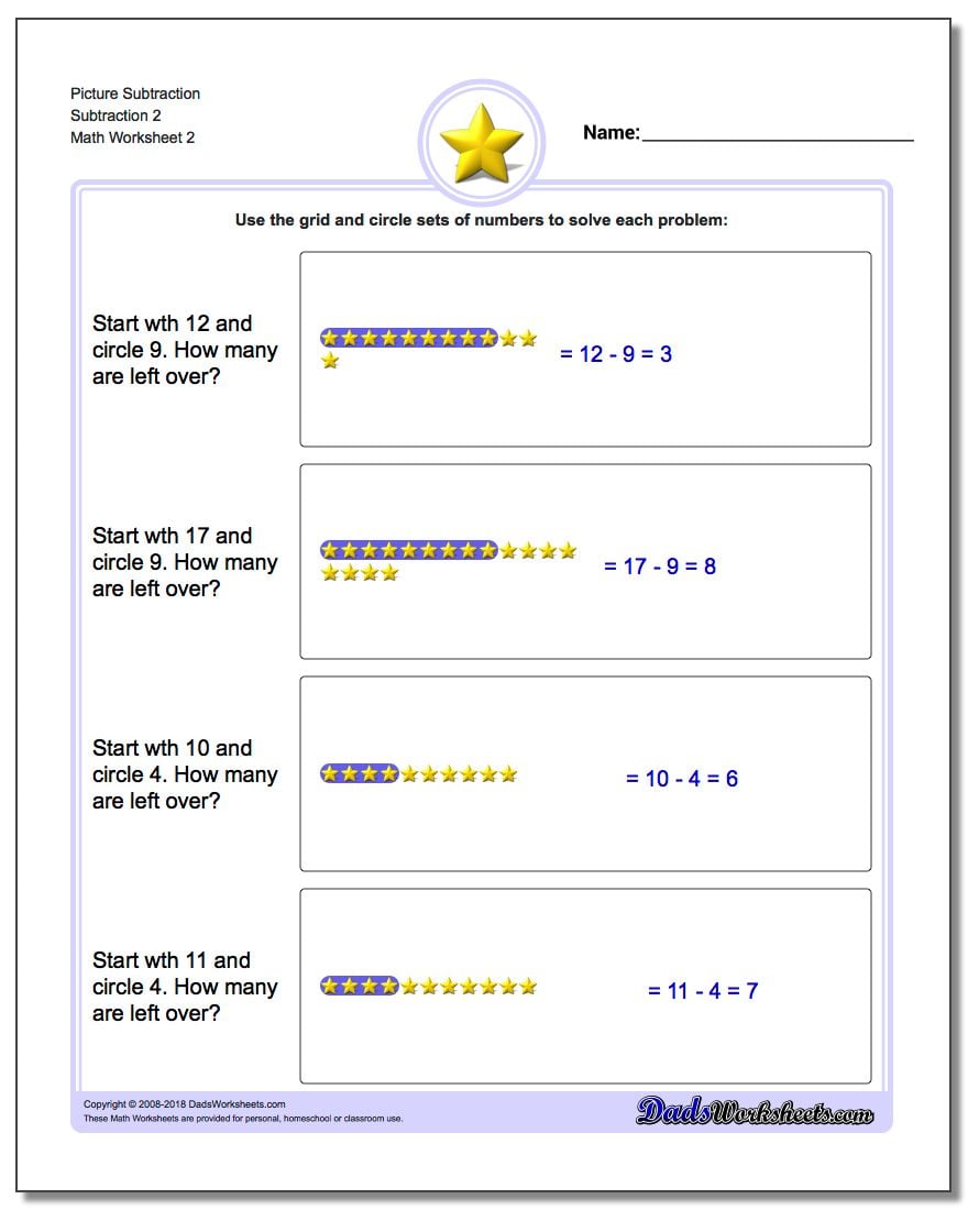 Picture Subtraction Worksheet Subtraction 2 www.dadsworksheets.com/worksheets/picture-math-subtraction.html