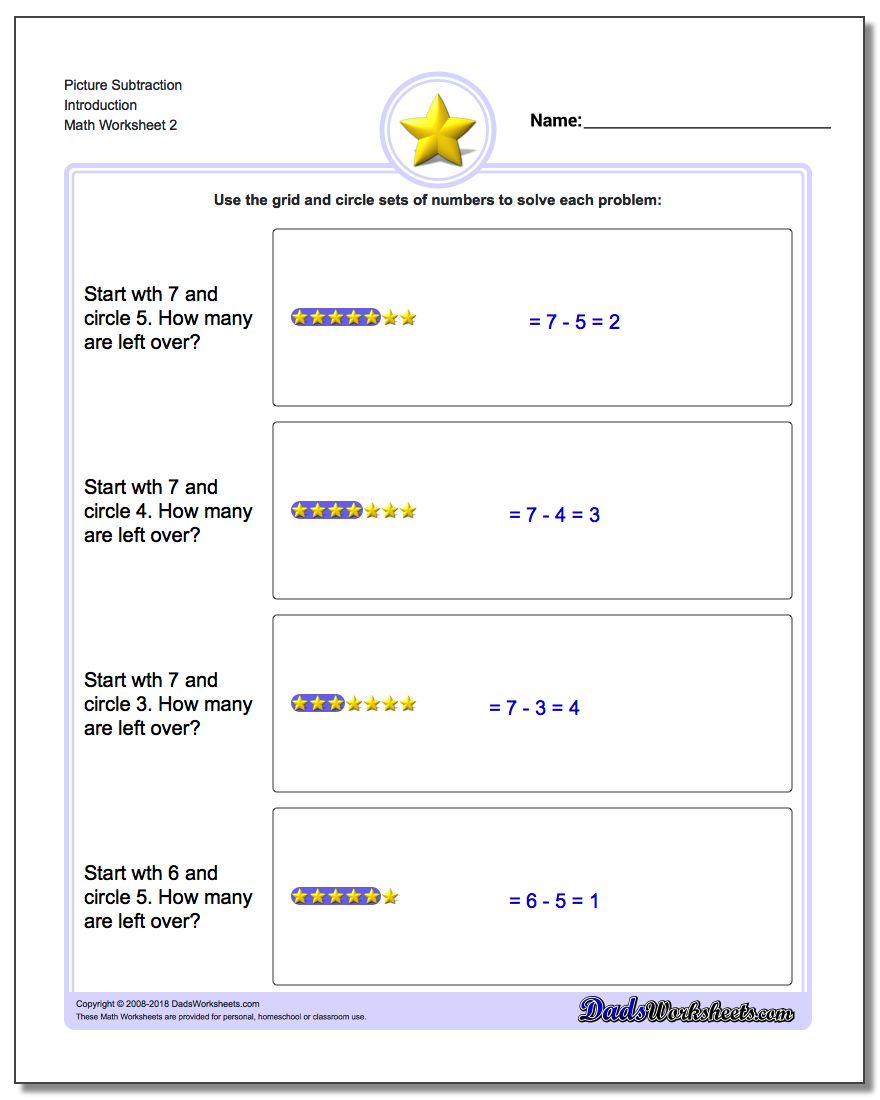 Picture Subtraction Worksheet Introduction www.dadsworksheets.com/worksheets/picture-math-subtraction.html