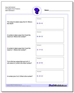 Pre-Algebra Word Problems Worksheet Easy Add-Subtract Pre-Alegbra