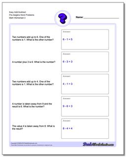 Easy Add-Subtract Pre-Alegbra Word Problems Worksheet