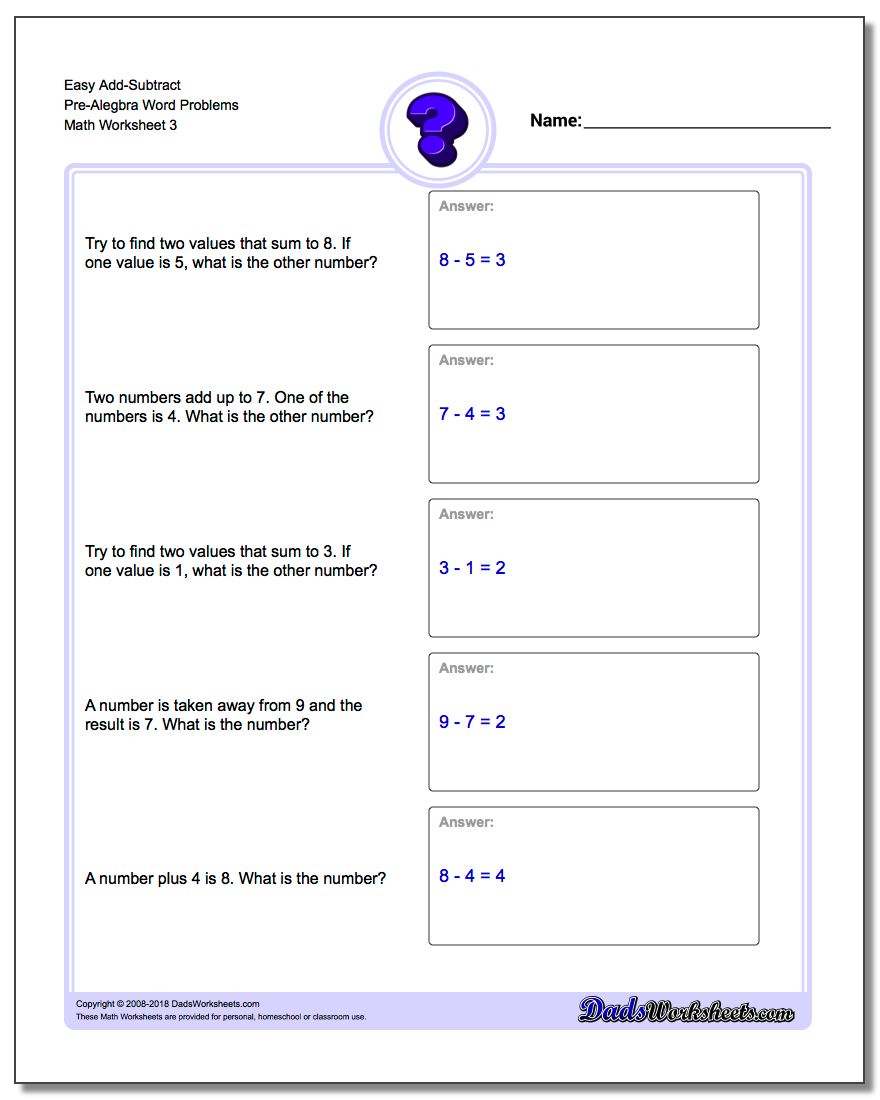 Easy Add-Subtract Pre-Alegbra Word Problems Worksheet