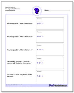 Easy Add-Subtract Pre-Alegbra Word Problems Worksheet