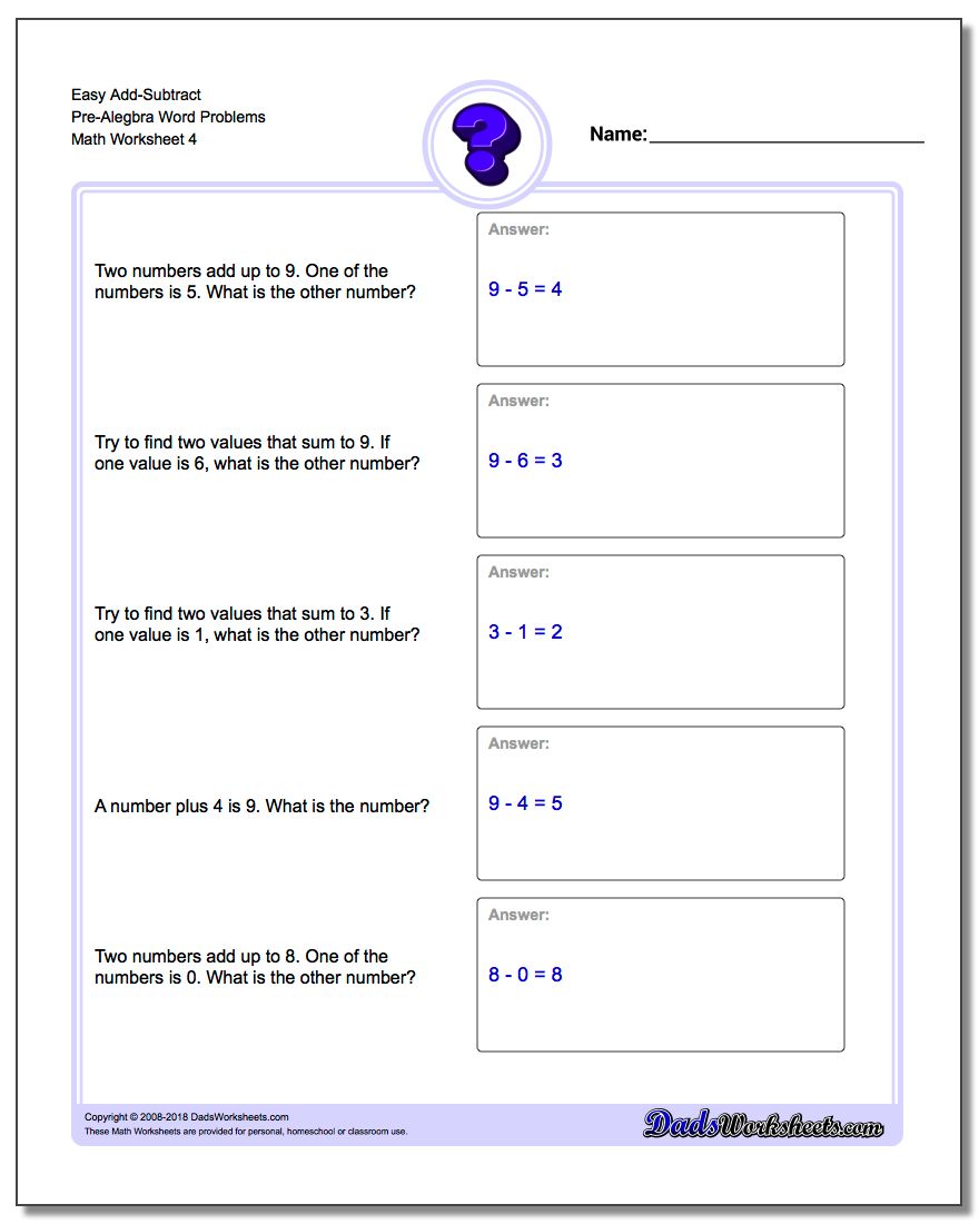 Easy Add-Subtract Pre-Alegbra Word Problems Worksheet