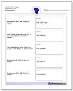 Pre-Algebra Word Problems Worksheet Add-Subtract Pre-Alegbra Two