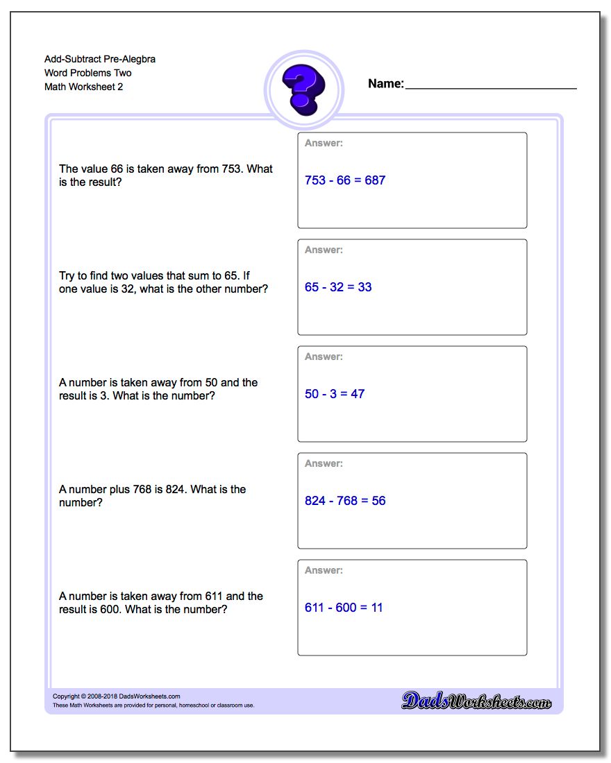 Add-Subtract Pre-Alegbra Word Problems Worksheet Two www.dadsworksheets.com/worksheets/pre-algebra-word-problems.html