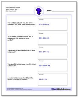 Add-Subtract Pre-Alegbra Word Problems Worksheet Two
