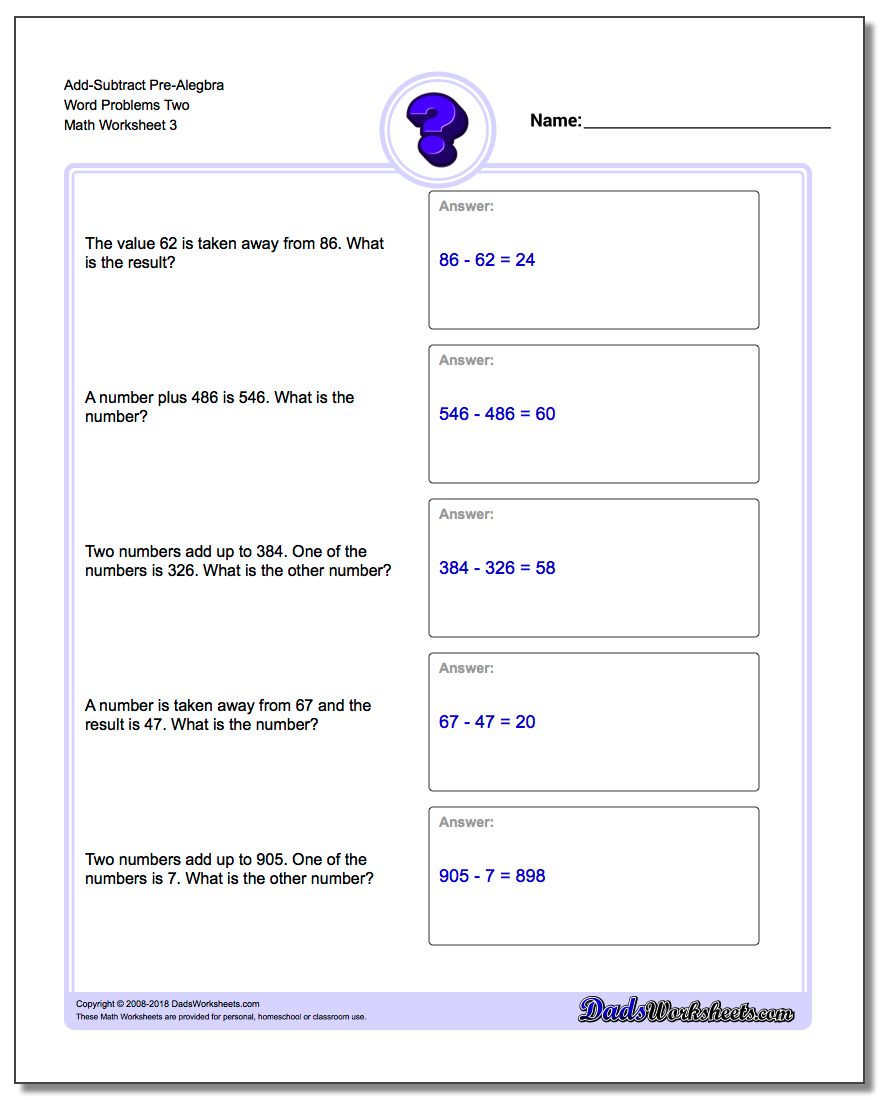 Add-Subtract Pre-Alegbra Word Problems Worksheet Two