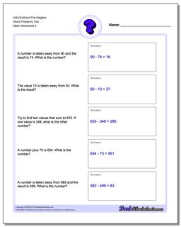 Add-Subtract Pre-Alegbra Word Problems Worksheet Two