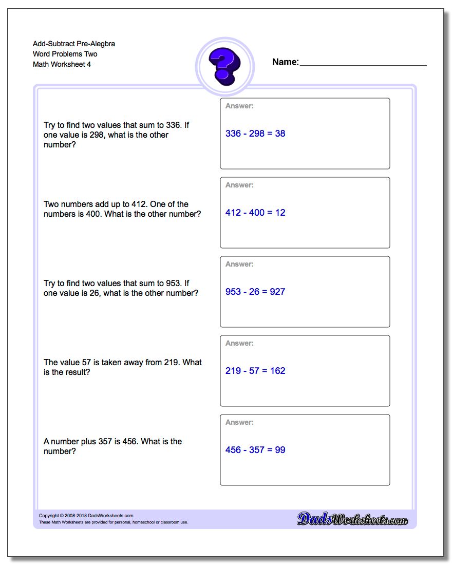 Add-Subtract Pre-Alegbra Word Problems Worksheet Two