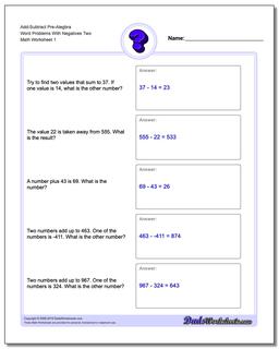 Pre-Algebra Word Problems Worksheet Add-Subtract Pre-Alegbra With Negatives Two