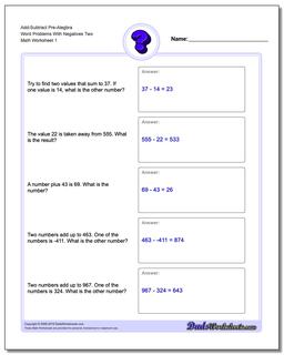 Pre-Algebra Word Problems Worksheet Add-Subtract Pre-Alegbra With Negatives Two