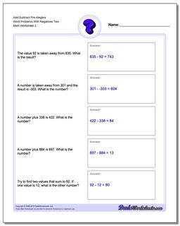 Add-Subtract Pre-Alegbra Word Problems Worksheet With Negatives Two /worksheets/pre-algebra-word-problems.html