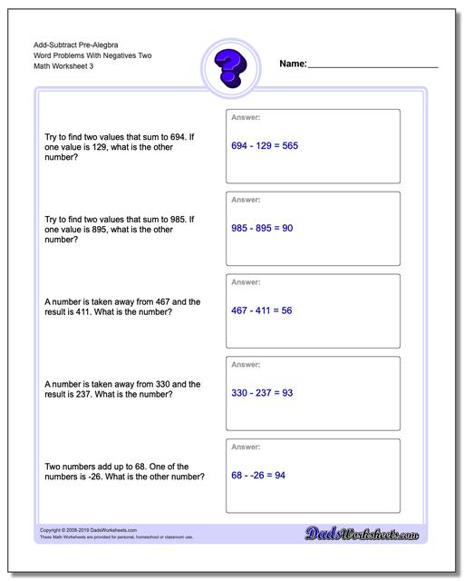 Add And Subtract Pre Algebra