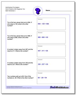 Add-Subtract Pre-Alegbra Word Problems Worksheet With Negatives Two
