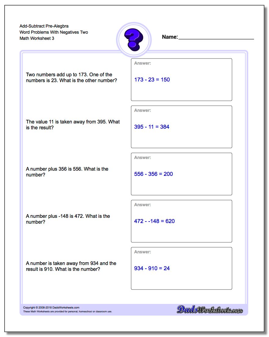 Add-Subtract Pre-Alegbra Word Problems Worksheet With Negatives Two
