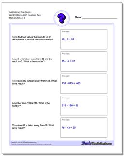 Add-Subtract Pre-Alegbra Word Problems Worksheet With Negatives Two