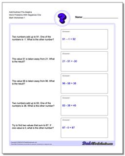 Pre-Algebra Word Problems Worksheet Add-Subtract Pre-Alegbra With Negatives One