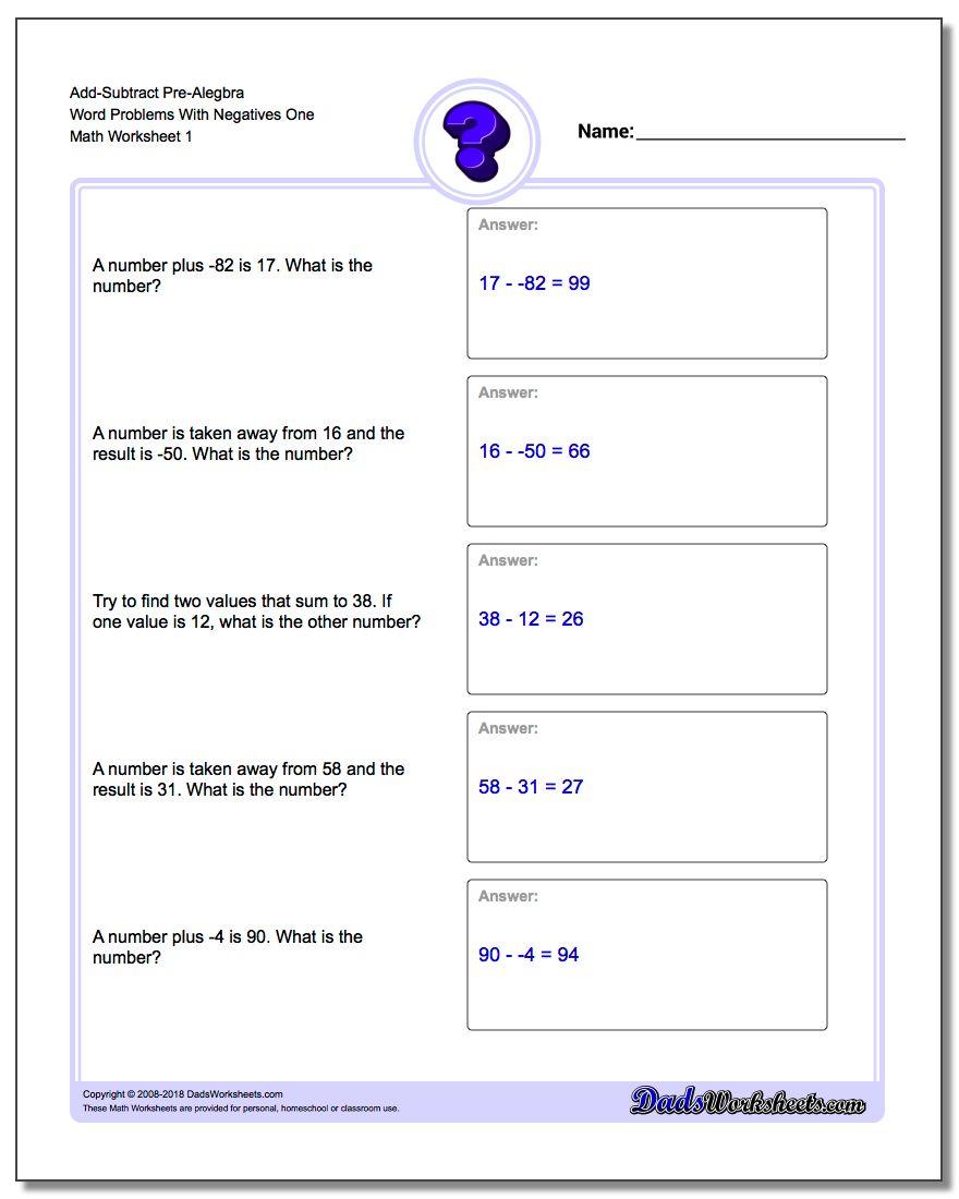 Pre-Algebra Word Problems Worksheet Add-Subtract Pre-Alegbra With Negatives One