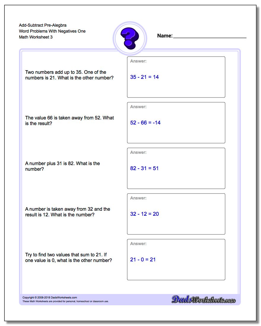 Add-Subtract Pre-Alegbra Word Problems Worksheet With Negatives One