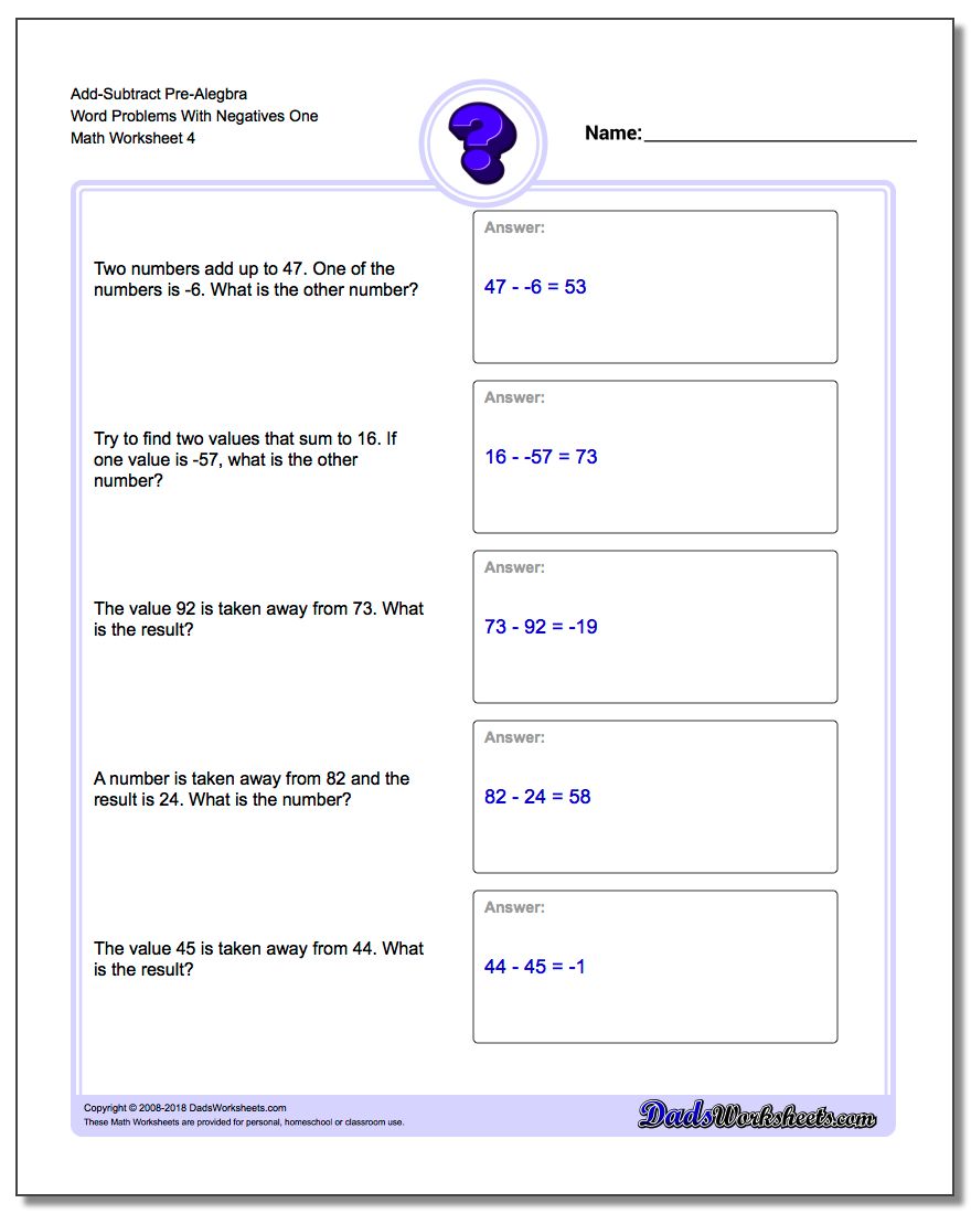 Add-Subtract Pre-Alegbra Word Problems Worksheet With Negatives One
