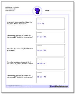 Pre-Algebra Word Problems Worksheet Add-Subtract Pre-Alegbra One