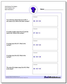 Add-Subtract Pre-Alegbra Word Problems Worksheet One