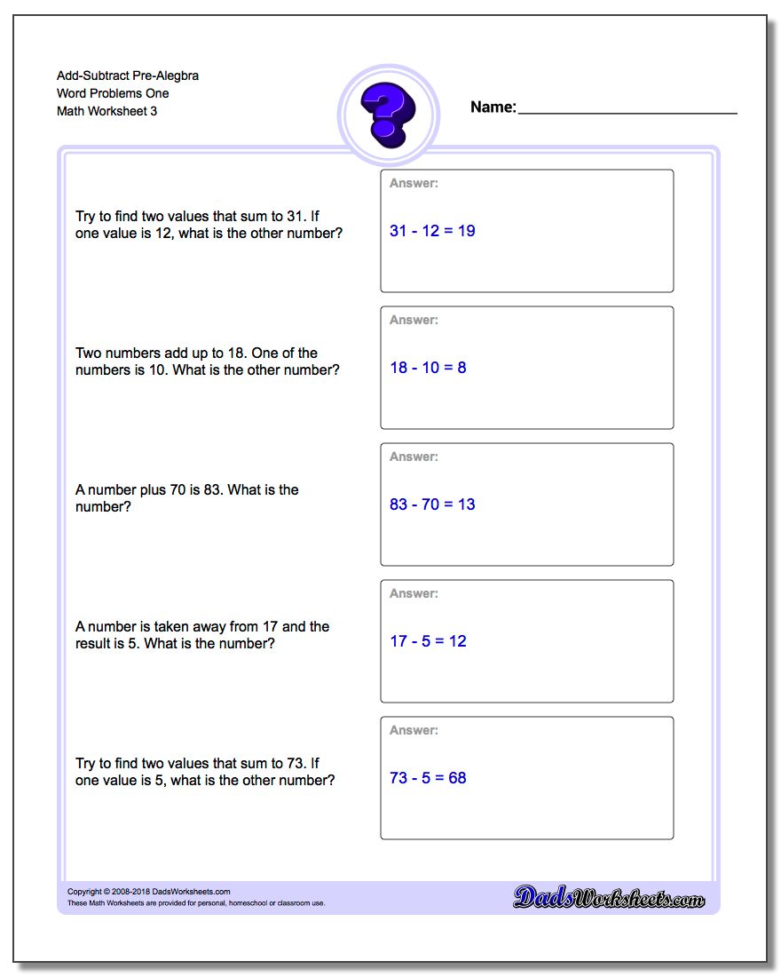 Add-Subtract Pre-Alegbra Word Problems Worksheet One