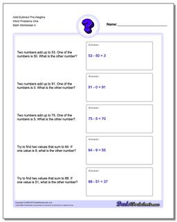 Add-Subtract Pre-Alegbra Word Problems Worksheet One