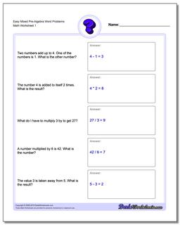 Pre-Algebra Word Problems Worksheet Easy Mixed