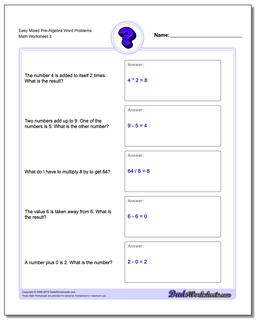 Easy Mixed Pre-Algebra Word Problems Worksheet