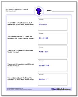 Pre-Algebra Word Problems Worksheet Hard Mixed