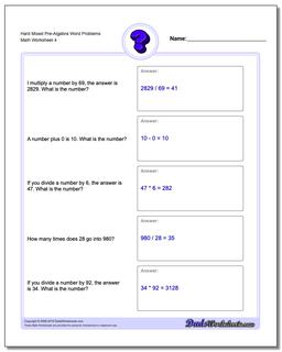 Hard Mixed Pre-Algebra Word Problems Worksheet