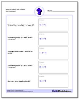 Pre-Algebra Word Problems Worksheet Mixed