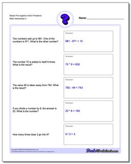 Mixed Pre-Algebra Word Problems Worksheet