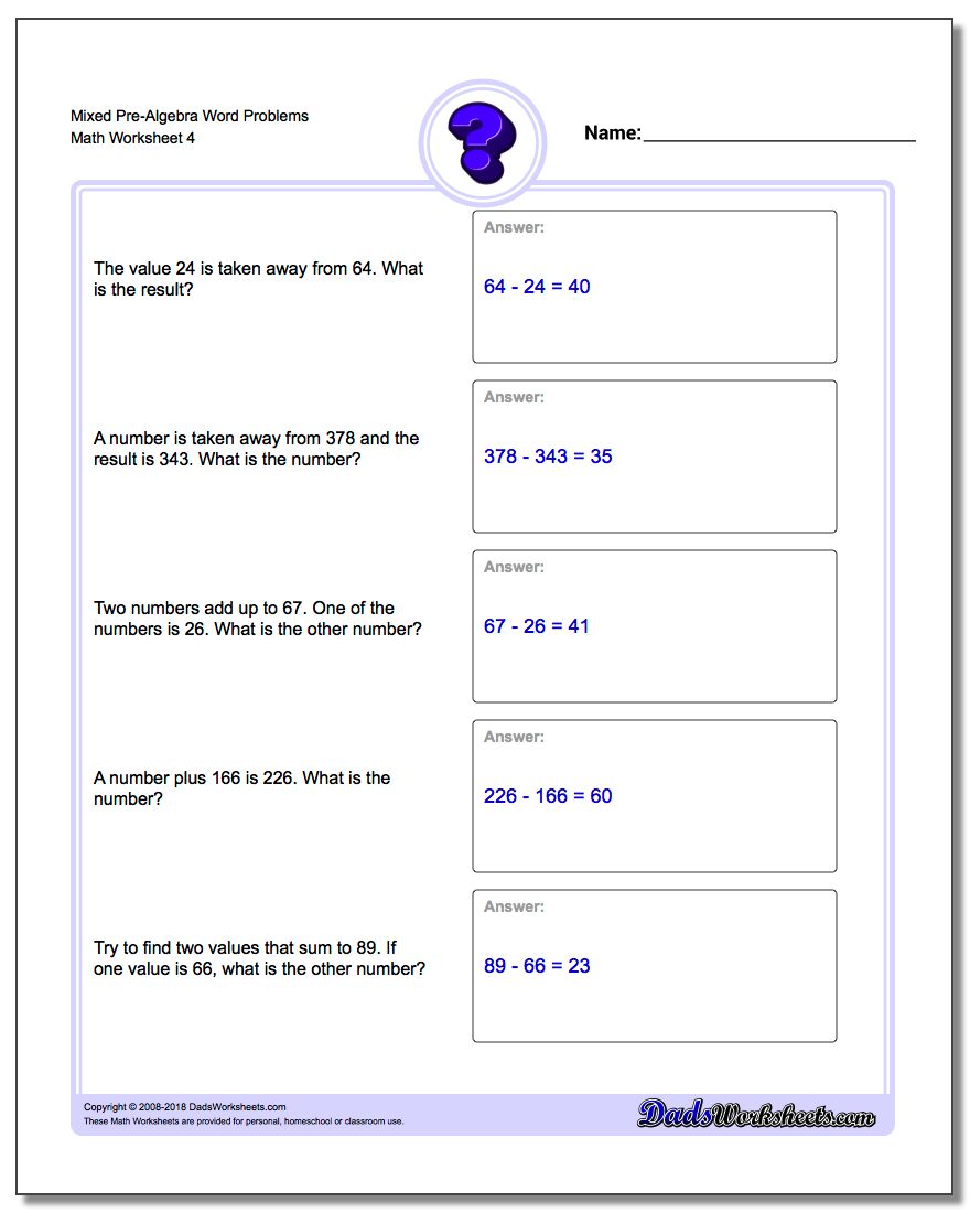 Mixed Pre-Algebra Word Problems Worksheet