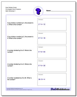 Pre-Algebra Word Problems Worksheet Easy Multiply Divide Pre-Alegbra