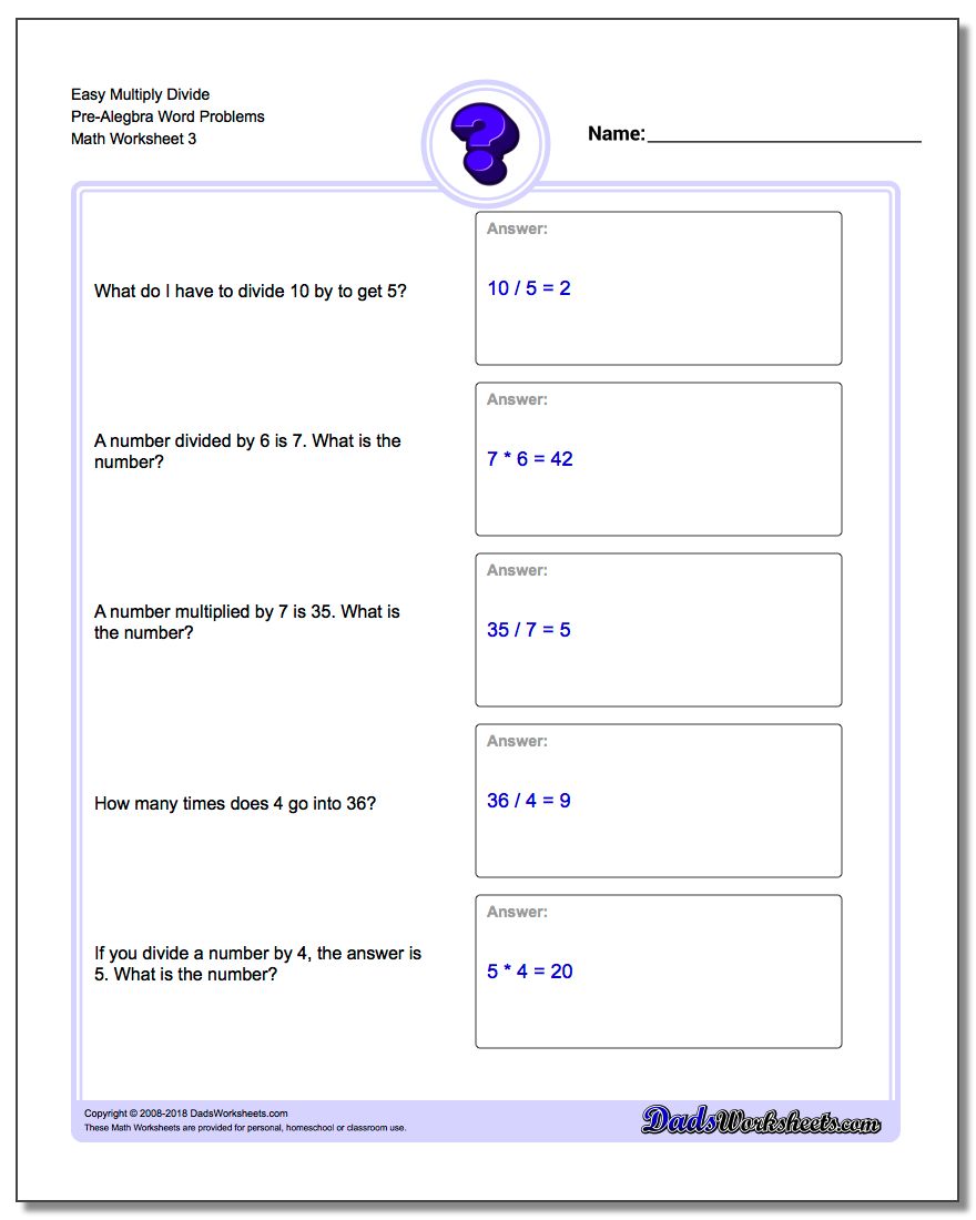Easy Multiply Divide Pre-Alegbra Word Problems Worksheet