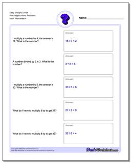 Easy Multiply Divide Pre-Alegbra Word Problems Worksheet