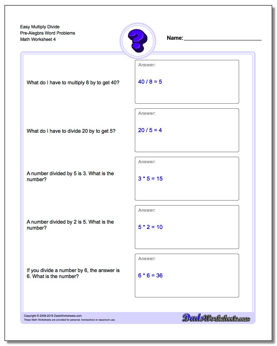 Easy Multiply Divide Pre-Alegbra Word Problems Worksheet